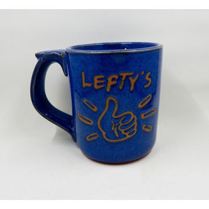 Lefty's Coffee Mug Cup Blue Glazed Pottery Thumb's Up Hazardous Warning